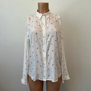 White Rose Print Button Down Collared Shirt Long Sleeve - Women’s Size 4